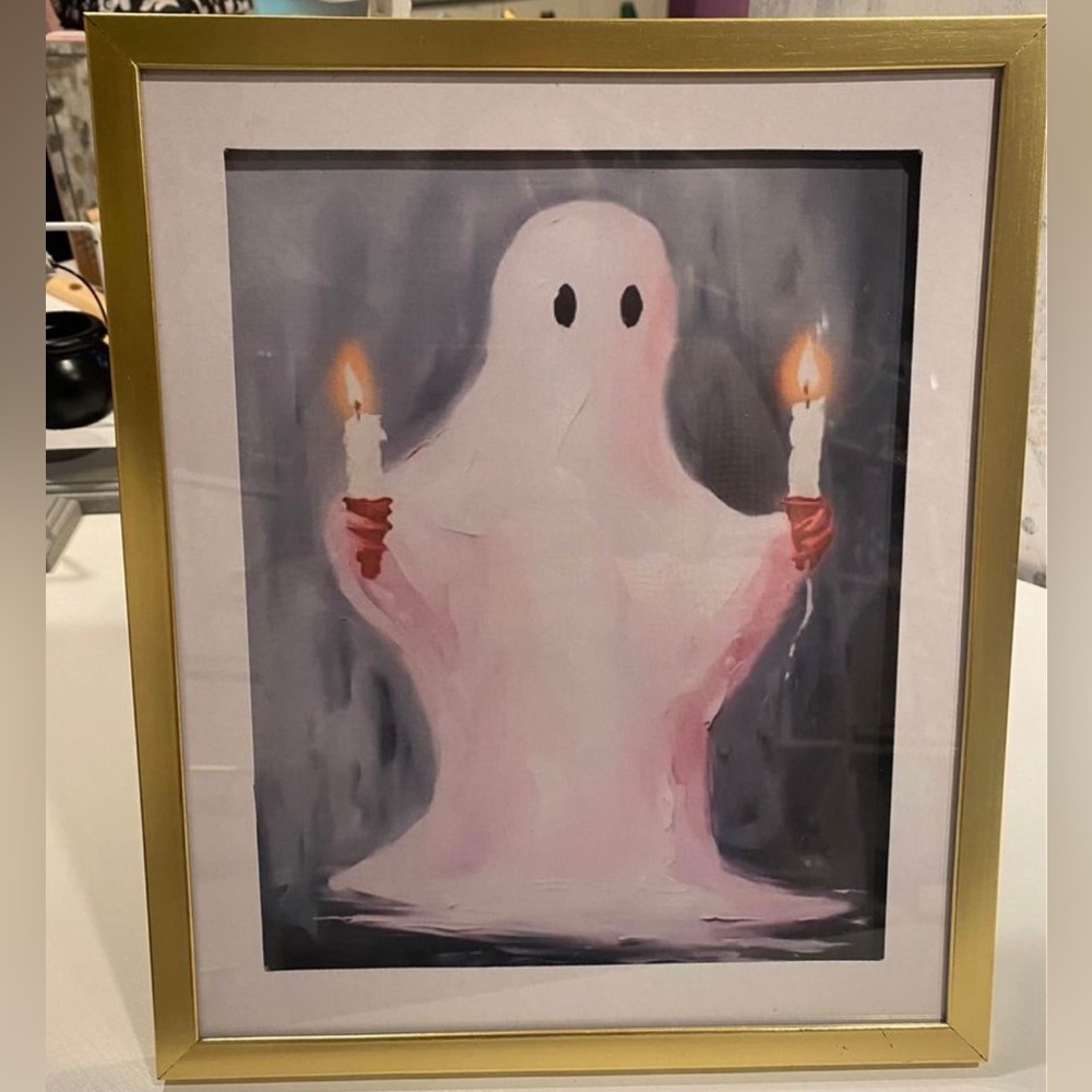 Framed 10x12” Sheet Ghost, Halloween Wall Art, Whimsigoth, Creepy Cute, Goth